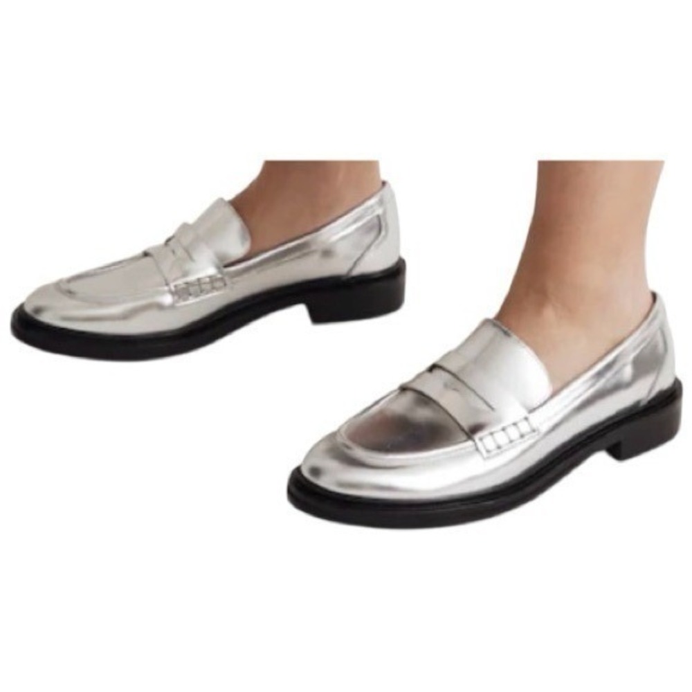 Madewell The Vernon Metallic Silver Leather Penny Loafers Size 6
